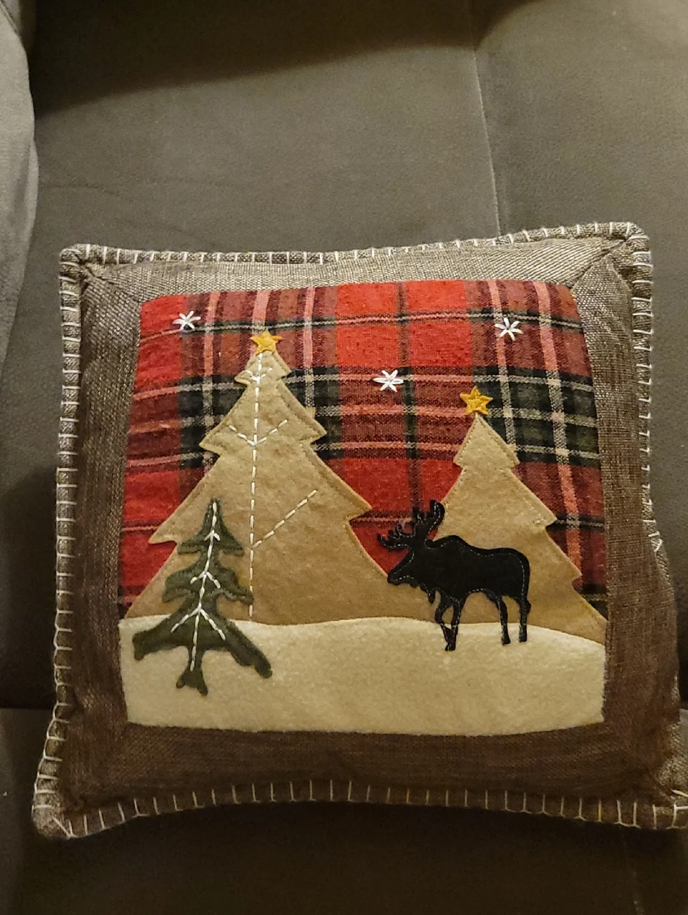 Holiday Plaid Moose Decorative Throw Pillow in Brown and Red